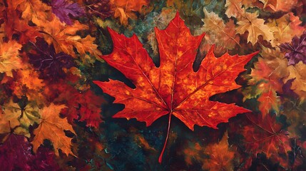 Vibrant Red Maple Leaf Among a Colorful Autumn Background