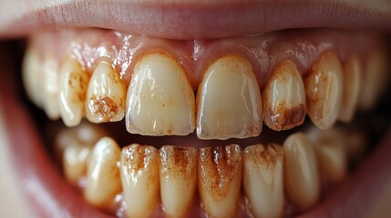 Close-up view of discolored teeth showing signs of neglect and decay