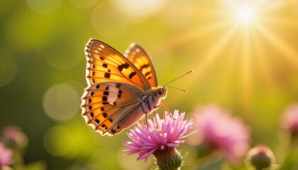 Fototapeta premium Colorful butterfly resting on pink wildflower in golden sunlight, nature's beauty
