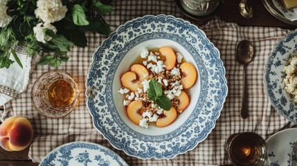 Elegant breakfast setting with peaches, granola, and cottage cheese on vintage china plates