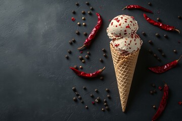 Spicy ice cream cone with red chili flakes and peppercorns on dark background - a unique culinary fusion in food photography