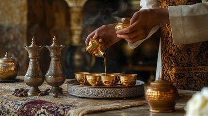 Traditional arabic coffee ceremony: pouring brew in ornate setting with antique metallic utensils