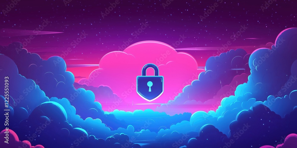 Poster digital security lock symbol floating in vibrant clouds, cosmic background with stars, representing 
