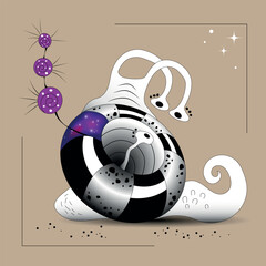 Fantastic funny snail with space in its shell and a third eye, hand drawn art for print and web