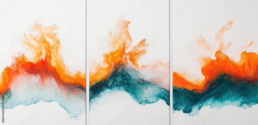 Poster abstract triptych: fiery orange and teal: a captivating abstract triptych showcasing a dynamic inter