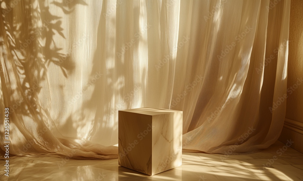 Poster soft sunlight illuminating wooden cube against flowing fabric curtains, creating serene atmosphere w