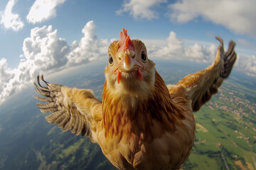A humorous and surreal close-up of a chicken appearing to fly through the sky, with wings spread wide against a scenic landscape