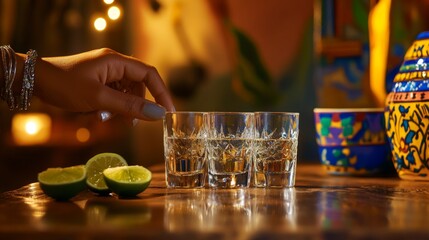 Hand picking tequila shot with lime in vibrant mexican bar setting