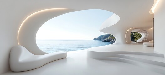 Minimalistic and contemporary interior design of a luxury villa, white walls, and panoramic windows with a view of the sea
