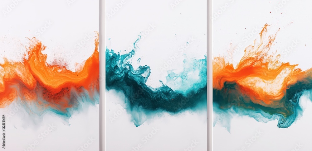 Poster abstract triptych: a captivating abstract triptych with vibrant swirls of teal and orange hues flowi