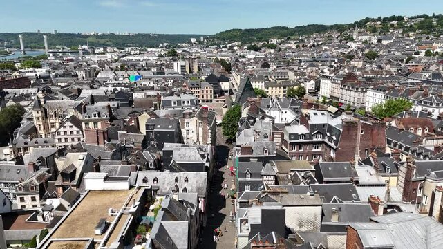 Aerial shot of Rouen city streets, Normandy, France