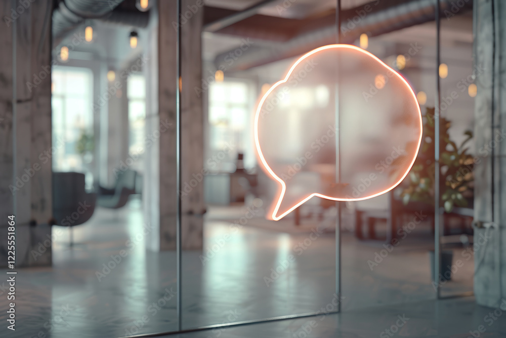 Poster modern speech bubble overlay in soft blurred office setting for design and communication themes