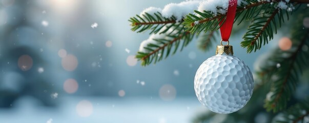 Obraz premium White golf ball ornament hanging from a red ribbon in winter branch, Ball ornaments, Red ribbon, Winter decorations