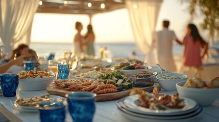 Fototapeta premium Elegant beachside dining with gourmet seafood buffet at sunset gathering