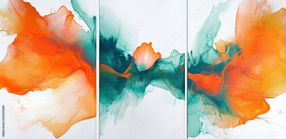 Poster abstract triptych: fiery orange and teal: a captivating abstract triptych showcasing a dynamic inter