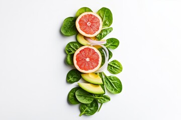 Fresh and vibrant salad ingredients: grapefruit, avocado, spinach, and onion on white background