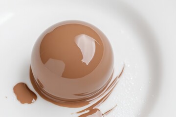 Decadent chocolate dessert sphere on white plate - elegant plated dessert artistry in modern culinary presentation