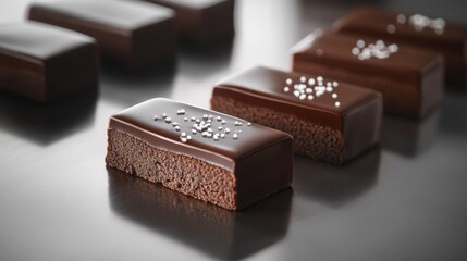 Exquisite chocolate cake bars with glossy glaze and sugar pearls on metallic surface