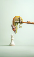 A chameleon hanging from a branch closely examines a white chess queen, creating a surreal and conceptual composition with a minimalist style