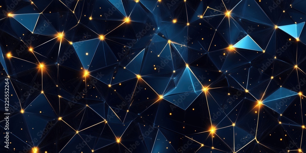 Poster abstract geometric pattern with glowing stars and triangular shapes in dark blue background, creatin