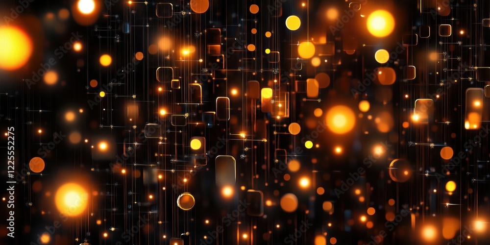 Poster abstract glowing orange lights and shapes creating a vibrant digital background with a sense of dept