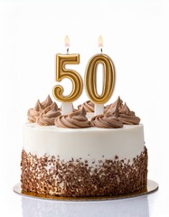 Decorated white cake for birthday or anniversary party, candle number 50, white background