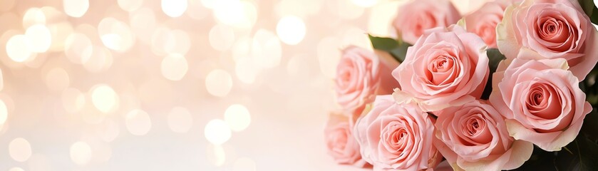 Obraz premium A beautiful bouquet of pink roses against a softly blurred background with shimmering lights. Ideal for romantic themes, celebrations, and floral arrangements.