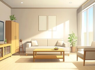 Minimalistic beige living room with contemporary furniture, including a sofa, armchair, and coffee table