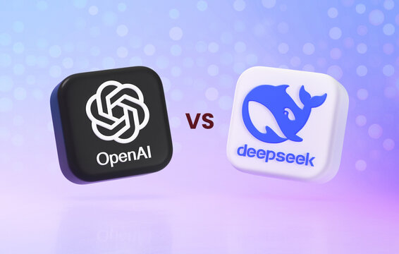 Valencia, Spain - January 2025: OpenAI ChatGPT VS DeepSeek, two powerful artificial intelligence technologies and chatbots. Rivalry and competition, logos face to face