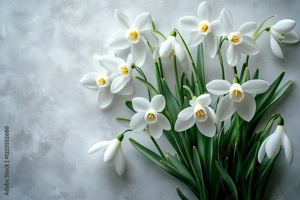 Poster snowdrops adorn a delicate background with a spring notebook offering a place to copy images or text