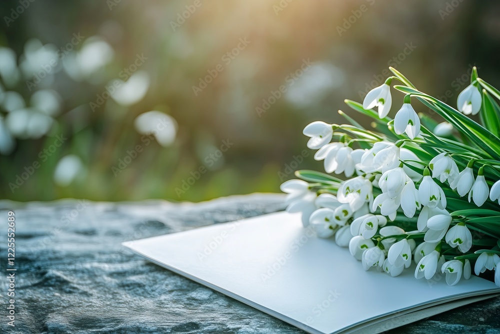 Fototapete snowdrops adorn a delicate background with a spring notebook offering a place to copy images or text