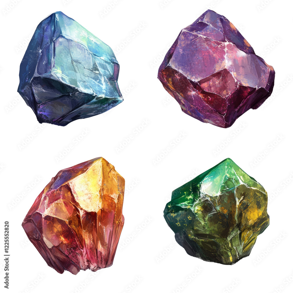 Poster an image showcasing four digitally painted gemstones each exhibiting unique colors and textures agai