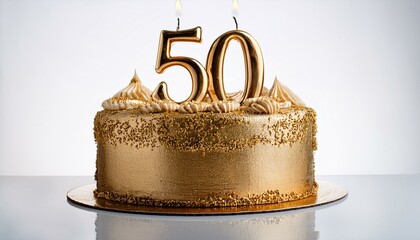 Decorated gold cake for birthday or anniversary party, candle number 50, white background