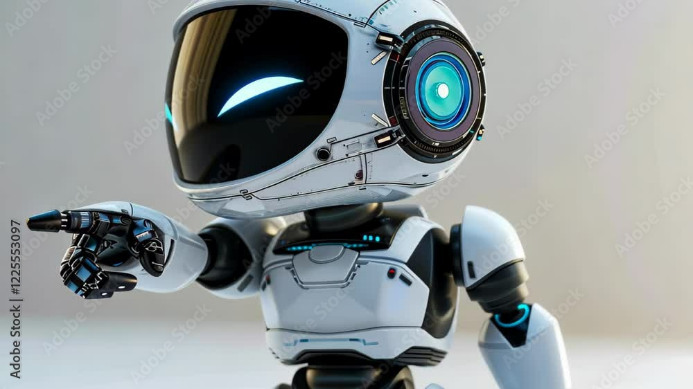 Poster the small robot features a sleek body and glowing blue details while pointing, representing innovati