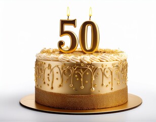 Decorated gold cake for birthday or anniversary party, candle number 50, white background
