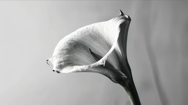 Stunning white calla lily flower in black and white with subtle texture and detail