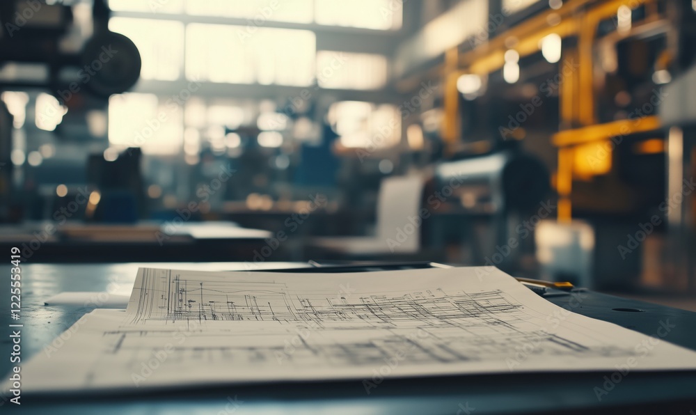 Poster blueprints on workbench in industrial workshop with machinery and tools in background