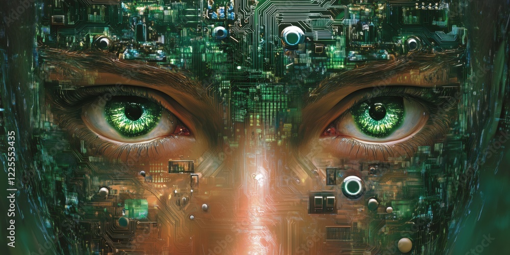 Poster futuristic cybernetic face with glowing green eyes and intricate circuit patterns, symbolizing advan