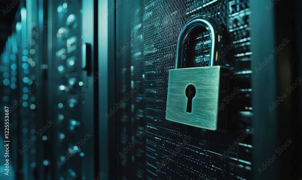 Poster data security lock on server rack, emphasizing cybersecurity and protection of sensitive information