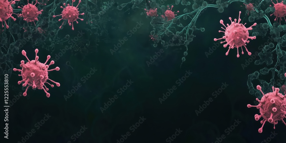 Poster microscopic view of pink viruses floating in dark background, showcasing intricate details of viral 