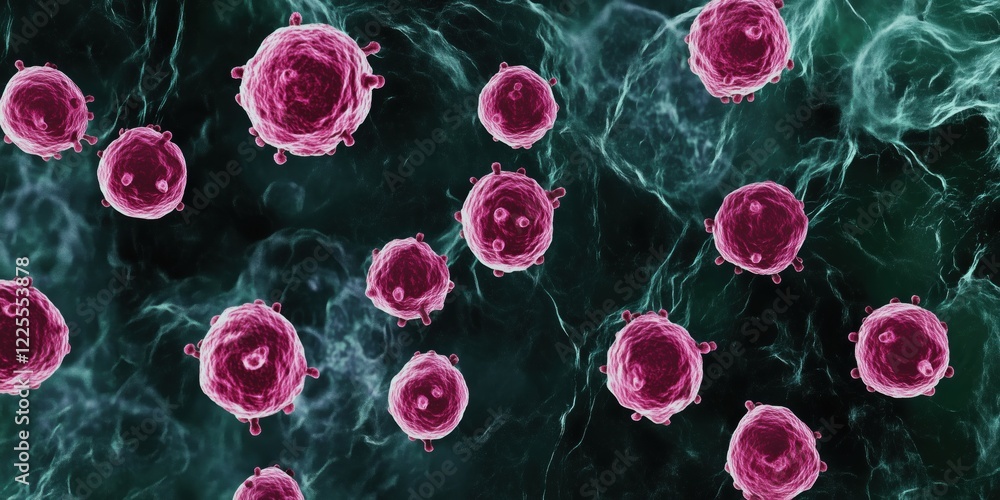 Poster microscopic view of pink virus particles floating in dark background, showcasing intricate details o
