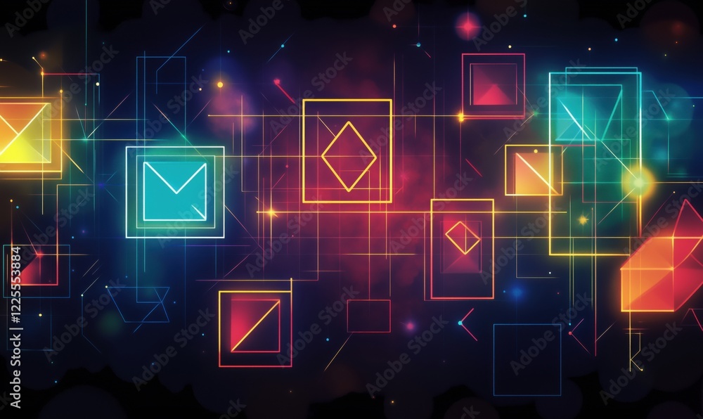 Poster colorful geometric shapes and glowing lines in a digital abstract background, featuring envelopes an