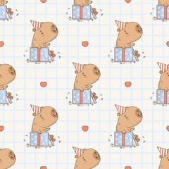 Seamless Pattern Happy Capybara in birthday cap in festive gift box on white checkered Background. Vector illustration. Holiday funny template. Kids collection