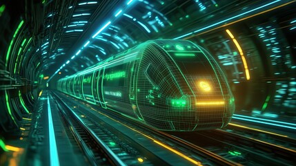 Cyberpunk Smart Train in Futuristic Digital Tunnel,  AI Railway Innovation,  Futuristic AI High-Speed Train in Digital Tunnel