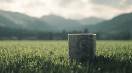Stone block in grassy field with mountain background.