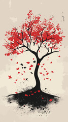 Fototapeta premium Autumn Tree with Red Leaves on Grunge Background - Minimalist Vector Illustration