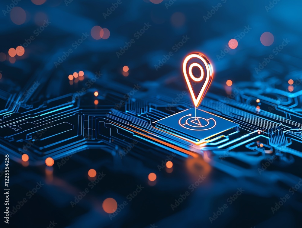 Poster a close-up of a circuit board showcasing a glowing location pin. this image represents digital navig