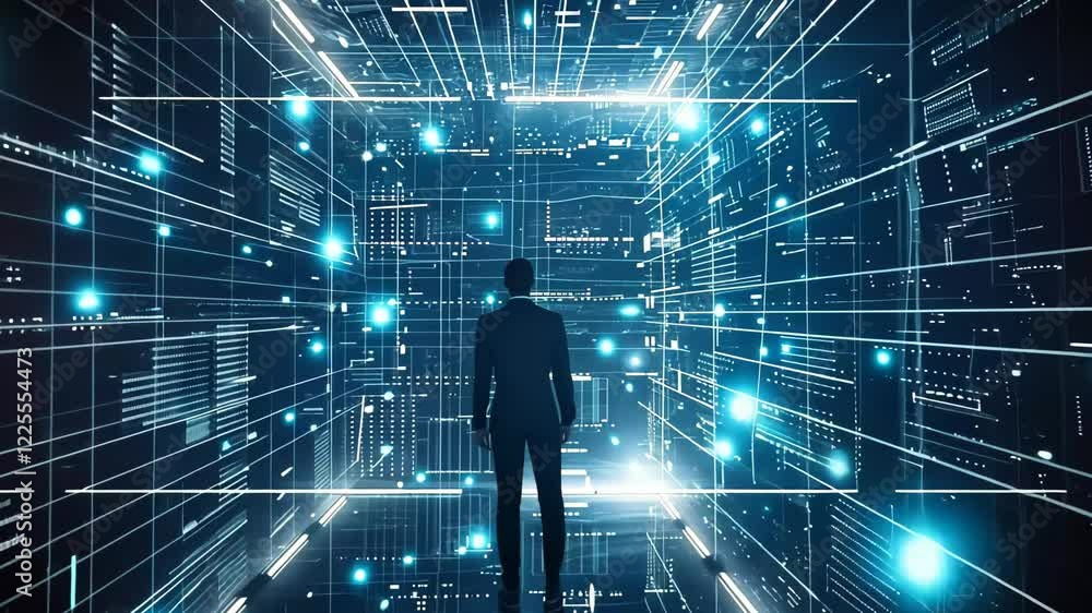 Poster a figure stands alone in a luminous digital environment, surrounded by intricate lines of light and 