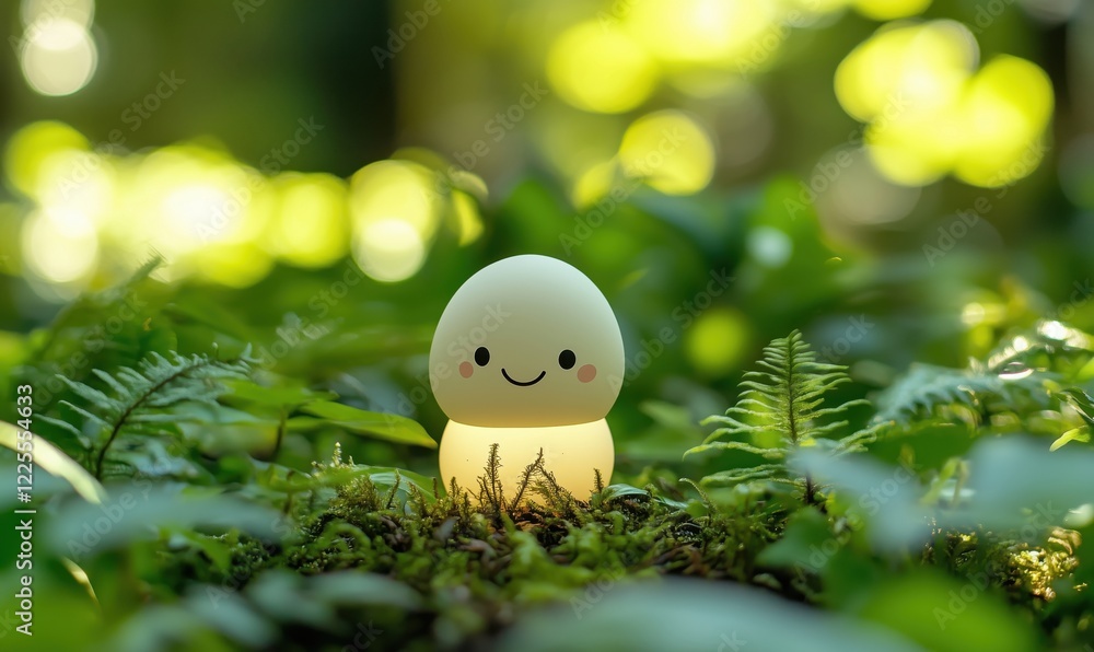 Poster cute glowing egg-shaped lamp surrounded by lush green ferns and soft bokeh background in a serene fo