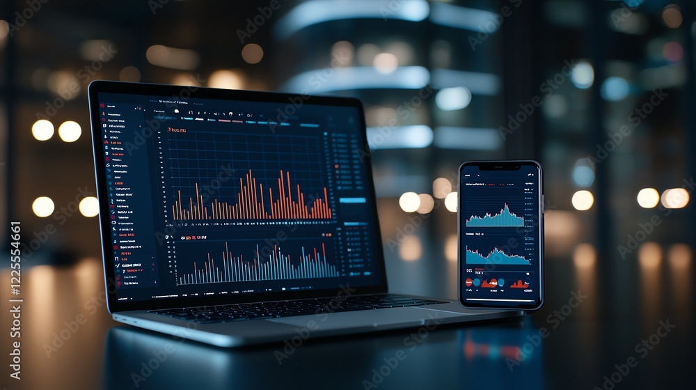 Aufkleber a close-up view of a laptop and smartphone displaying dynamic data graphs in a modern workspace, ill